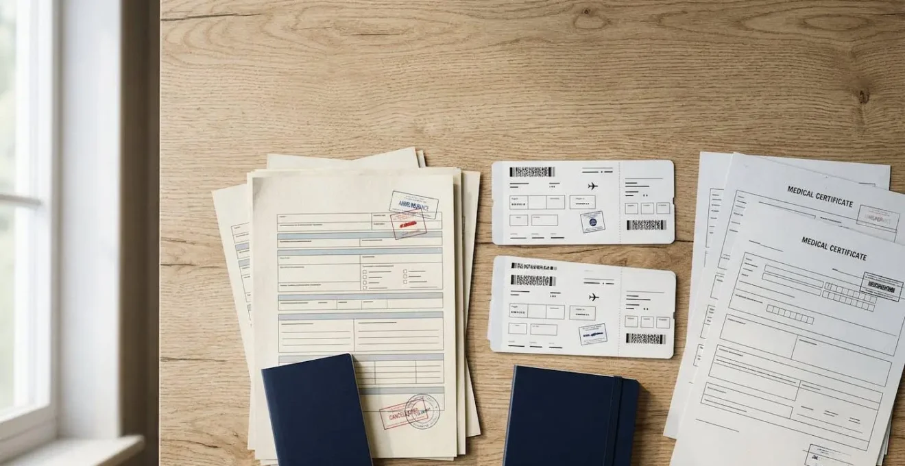 Documents d'assurance annulation voyage et justificatifs médicaux organisés sur un bureau