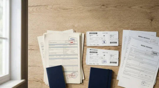 Documents d'assurance annulation voyage et justificatifs médicaux organisés sur un bureau