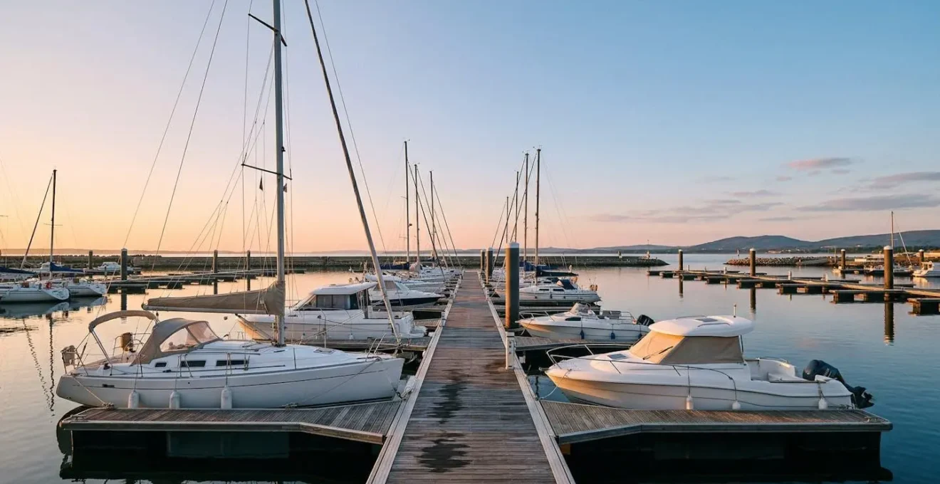 Bateau de plaisance amarre dans un port de plaisance francais au coucher du soleil