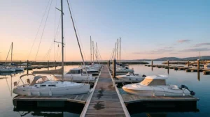 Bateau de plaisance amarre dans un port de plaisance francais au coucher du soleil