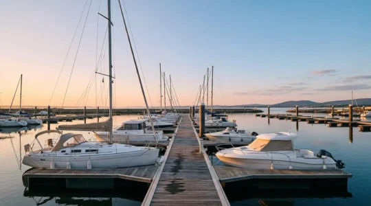 Bateau de plaisance amarre dans un port de plaisance francais au coucher du soleil