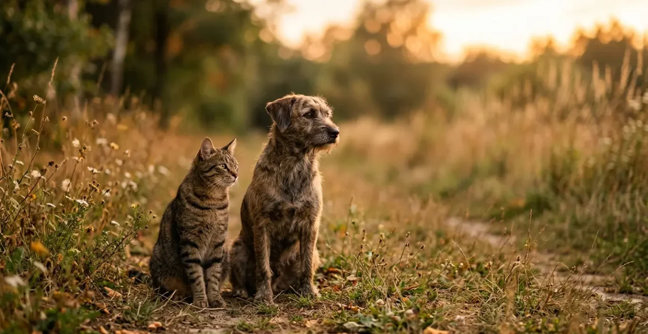 Chat et chien croisés côte à côte dans un environnement naturel épuré symbolisant le dilemme de l'assurance santé animale
