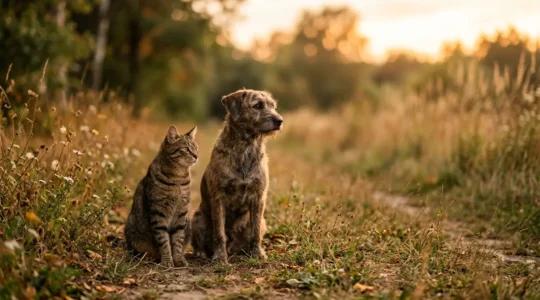 Chat et chien croisés côte à côte dans un environnement naturel épuré symbolisant le dilemme de l'assurance santé animale