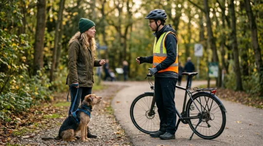 Scène représentant la responsabilité civile après un incident impliquant un chien et un cycliste