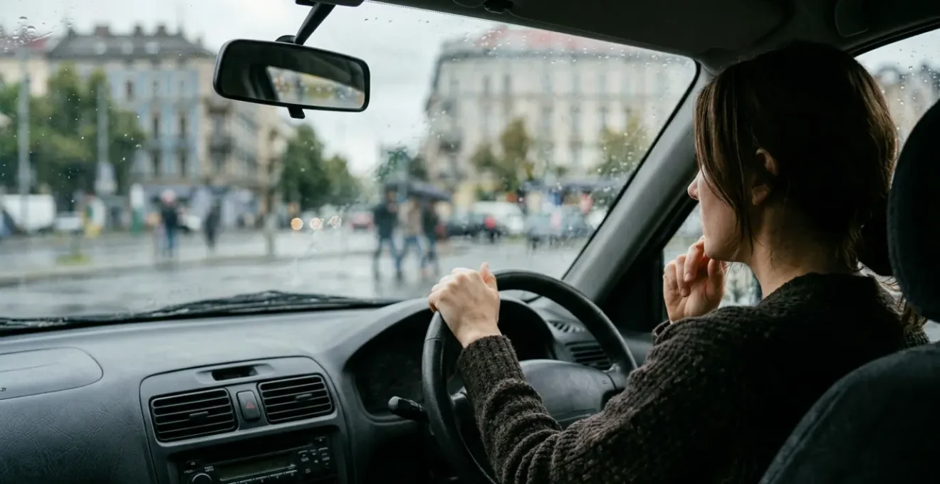 Conducteur devant un pare-brise avec des reflets urbains, symbolisant la recherche d'une assurance auto après résiliation