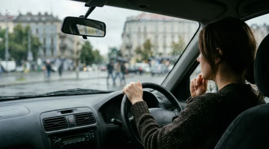 Conducteur devant un pare-brise avec des reflets urbains, symbolisant la recherche d'une assurance auto après résiliation