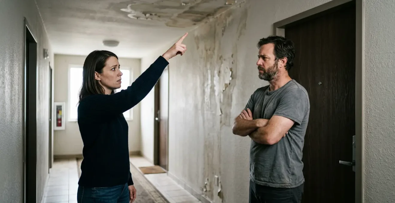 Scène de conflit de voisinage dans un immeuble suite à un dégât des eaux