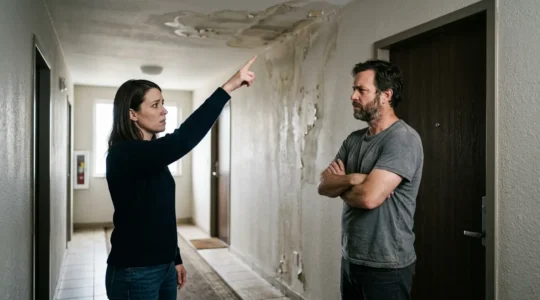 Scène de conflit de voisinage dans un immeuble suite à un dégât des eaux