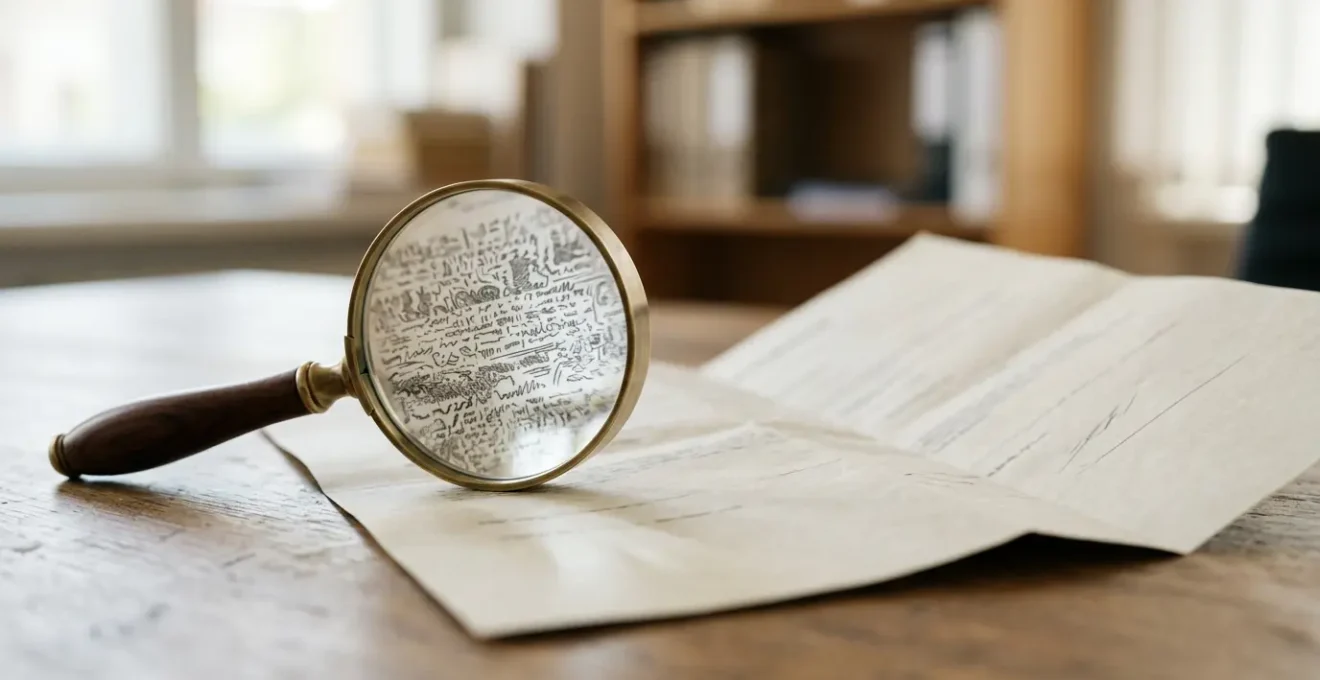 Document d'assurance avec loupe révélant des clauses cachées dans un environnement de bureau naturel