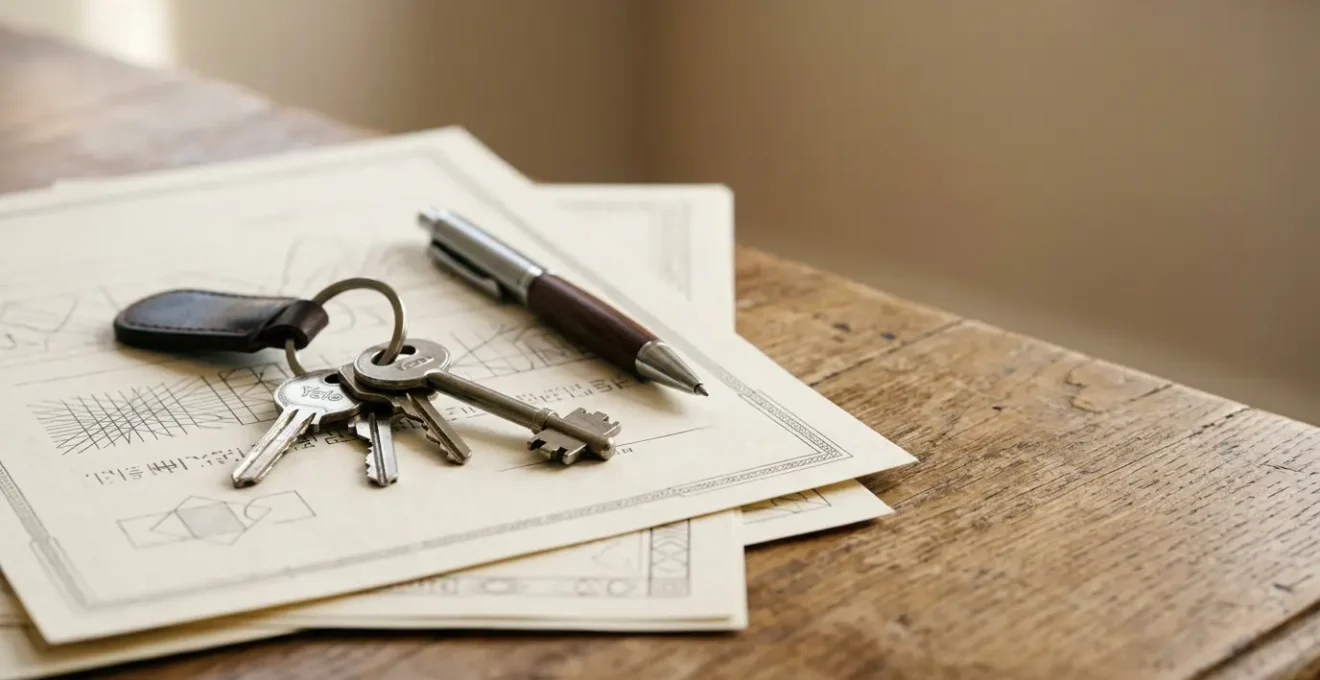 Documents administratifs et cles sur une table lors de la signature d'un bail de location