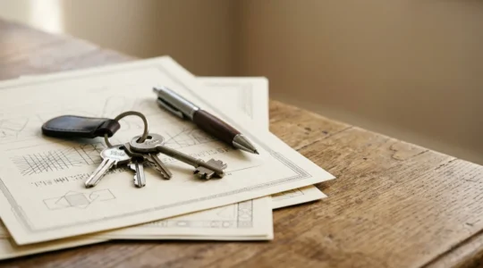 Documents administratifs et cles sur une table lors de la signature d'un bail de location