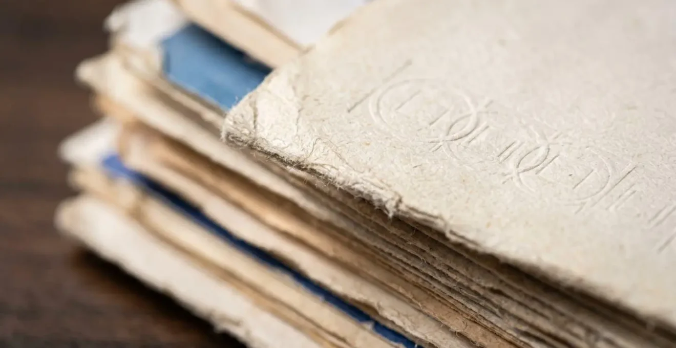 Vue macro sur des documents administratifs de santé présentant des textures de papier et des éléments graphiques abstraits