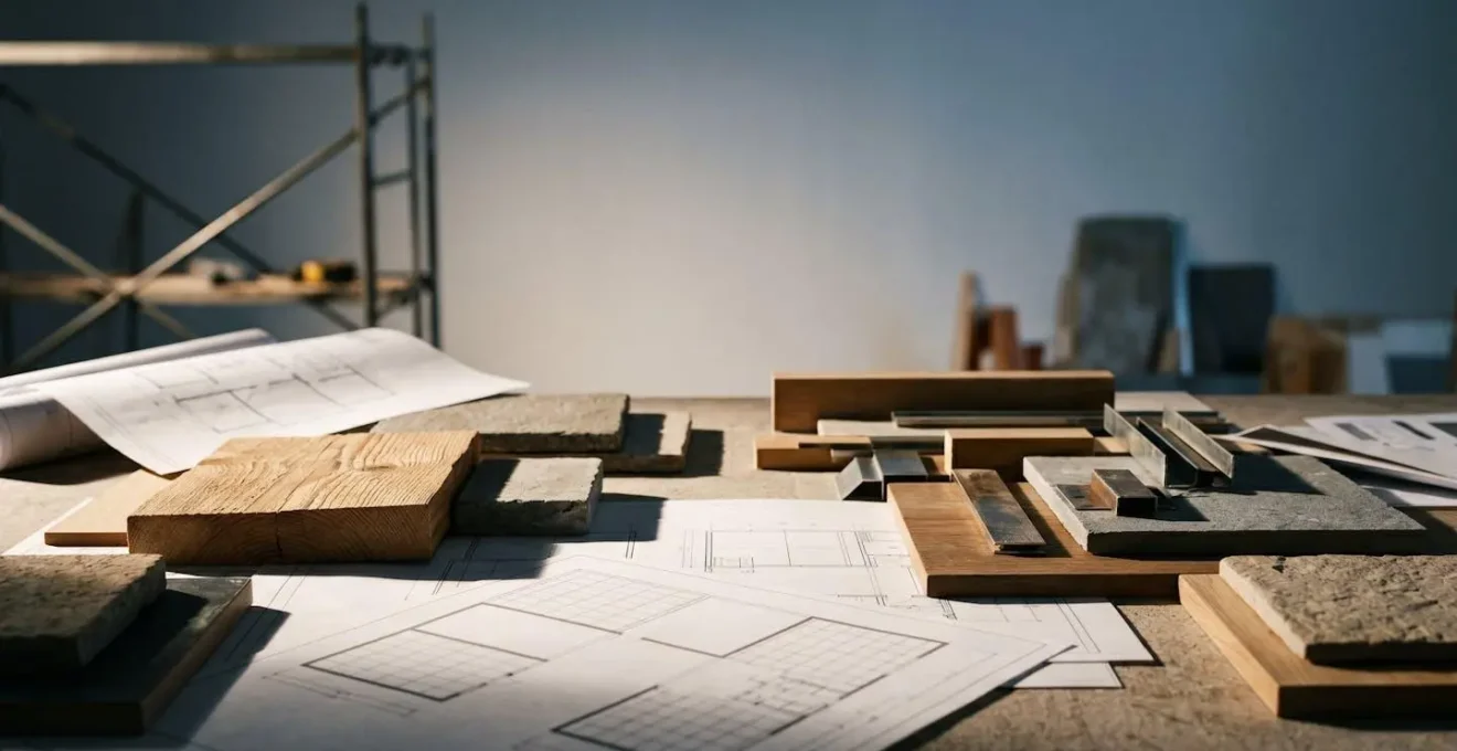Représentation symbolique de l'évaluation du coût de reconstruction d'une maison avec des éléments architecturaux