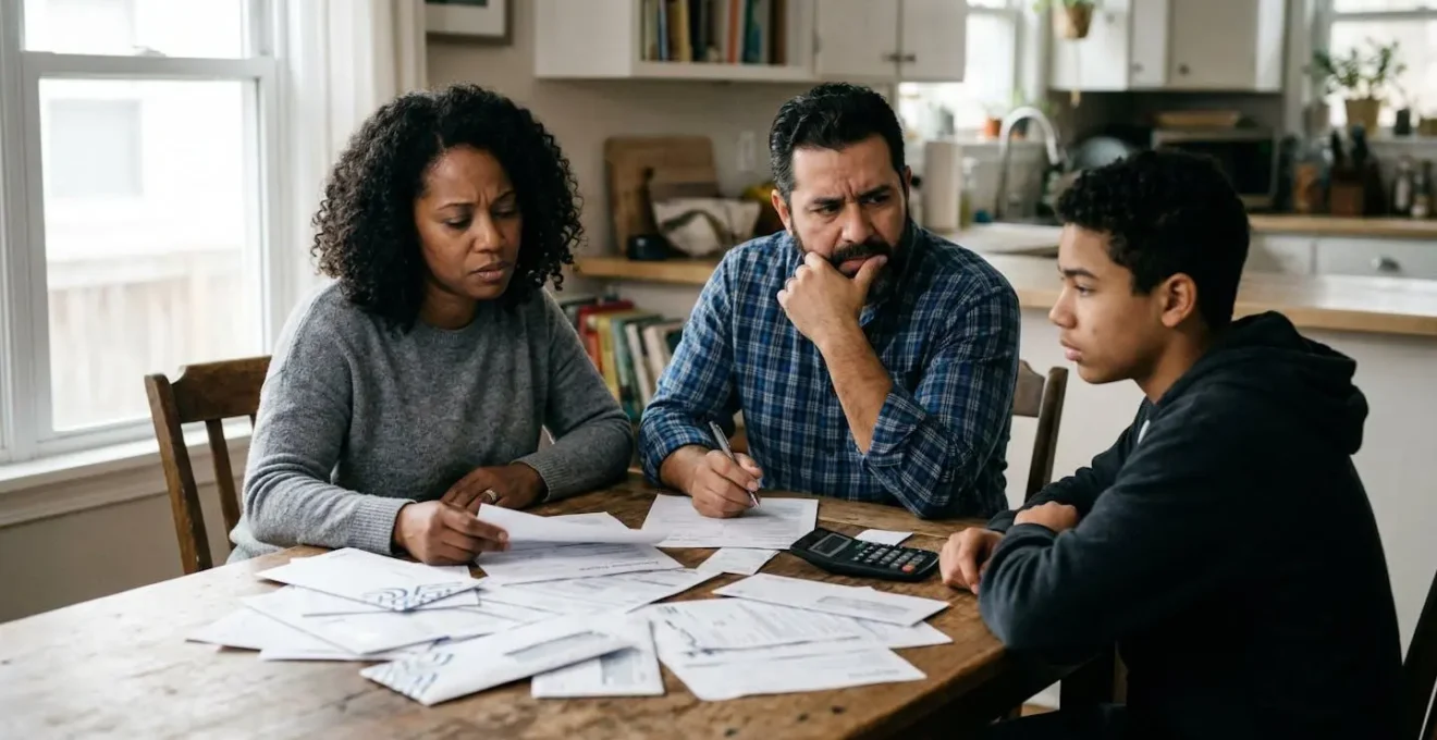 Une famille inquiète face à des documents financiers représentant les conséquences d'un plafond d'indemnisation trop bas