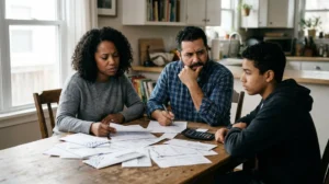 Une famille inquiète face à des documents financiers représentant les conséquences d'un plafond d'indemnisation trop bas