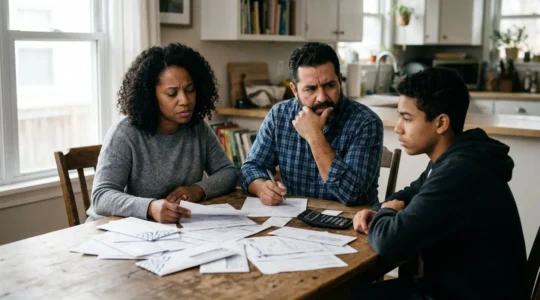 Une famille inquiète face à des documents financiers représentant les conséquences d'un plafond d'indemnisation trop bas