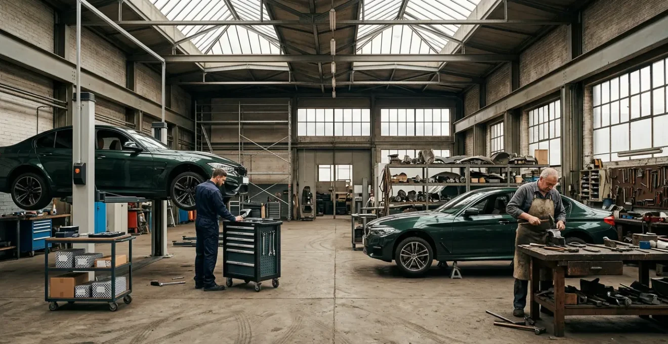 Deux espaces de réparation automobile côte à côte illustrant le choix entre garage agréé et réparateur indépendant