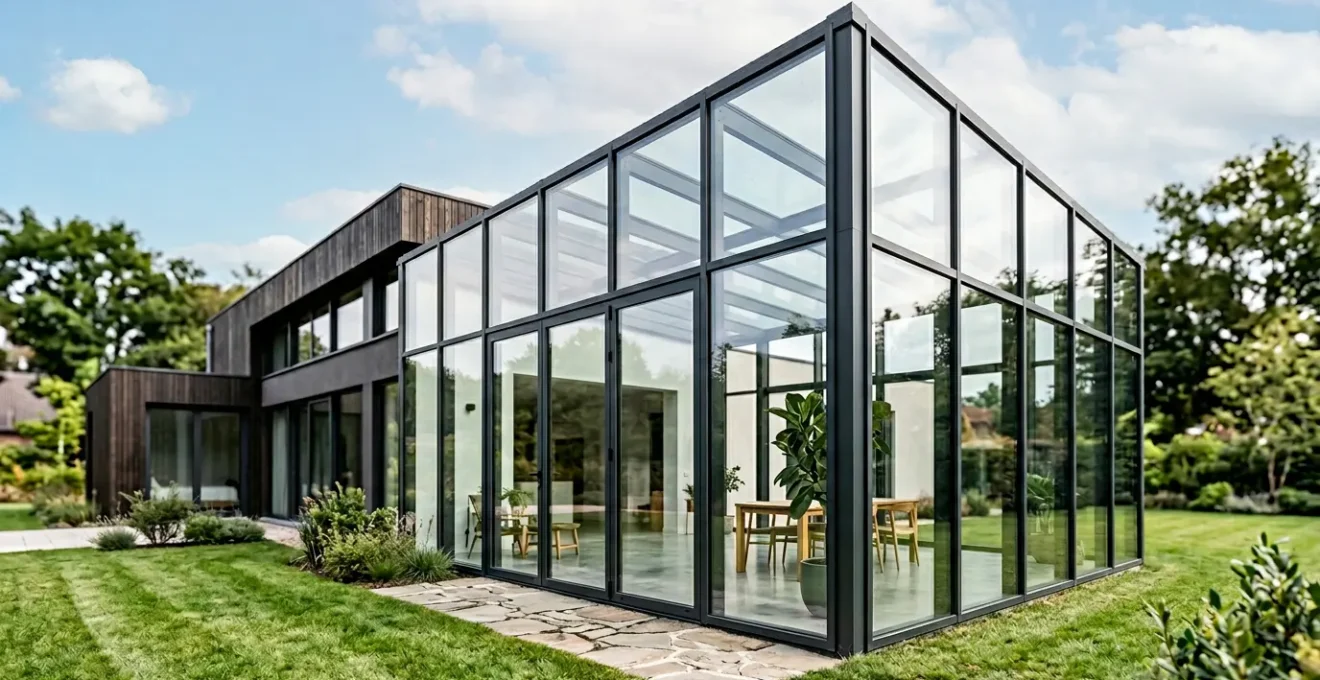 Véranda moderne avec grandes baies vitrées dans un cadre résidentiel contemporain
