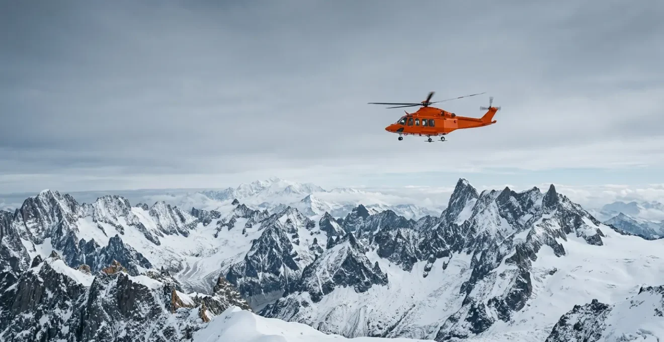 Hélicoptère de secours en intervention au-dessus d'un paysage de montagne enneigé