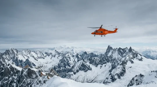 Hélicoptère de secours en intervention au-dessus d'un paysage de montagne enneigé
