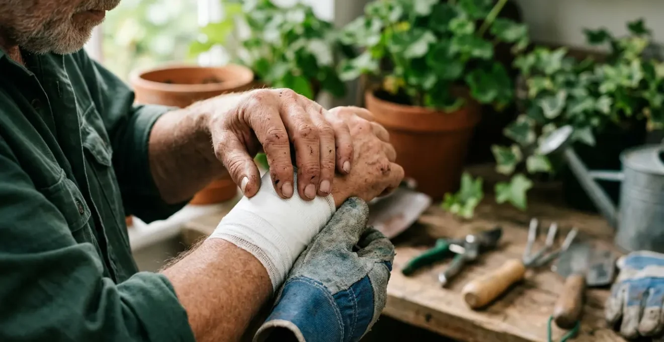 Une main gantée touchant un pansement sur l'avant-bras, outils de jardinage flous en arrière-plan, symbolisant les accidents domestiques de jardinage