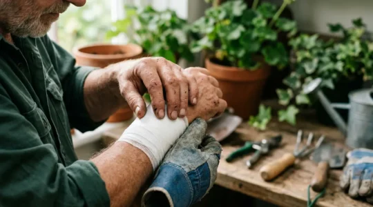 Une main gantée touchant un pansement sur l'avant-bras, outils de jardinage flous en arrière-plan, symbolisant les accidents domestiques de jardinage