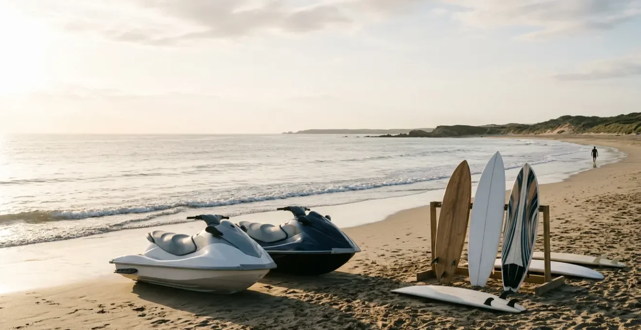 Scène estivale de sports nautiques avec jet-ski et surfeurs en bord de mer, illustrant les risques et la nécessité d'une assurance responsabilité civile