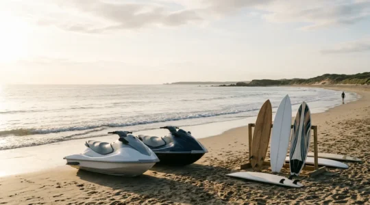 Scène estivale de sports nautiques avec jet-ski et surfeurs en bord de mer, illustrant les risques et la nécessité d'une assurance responsabilité civile