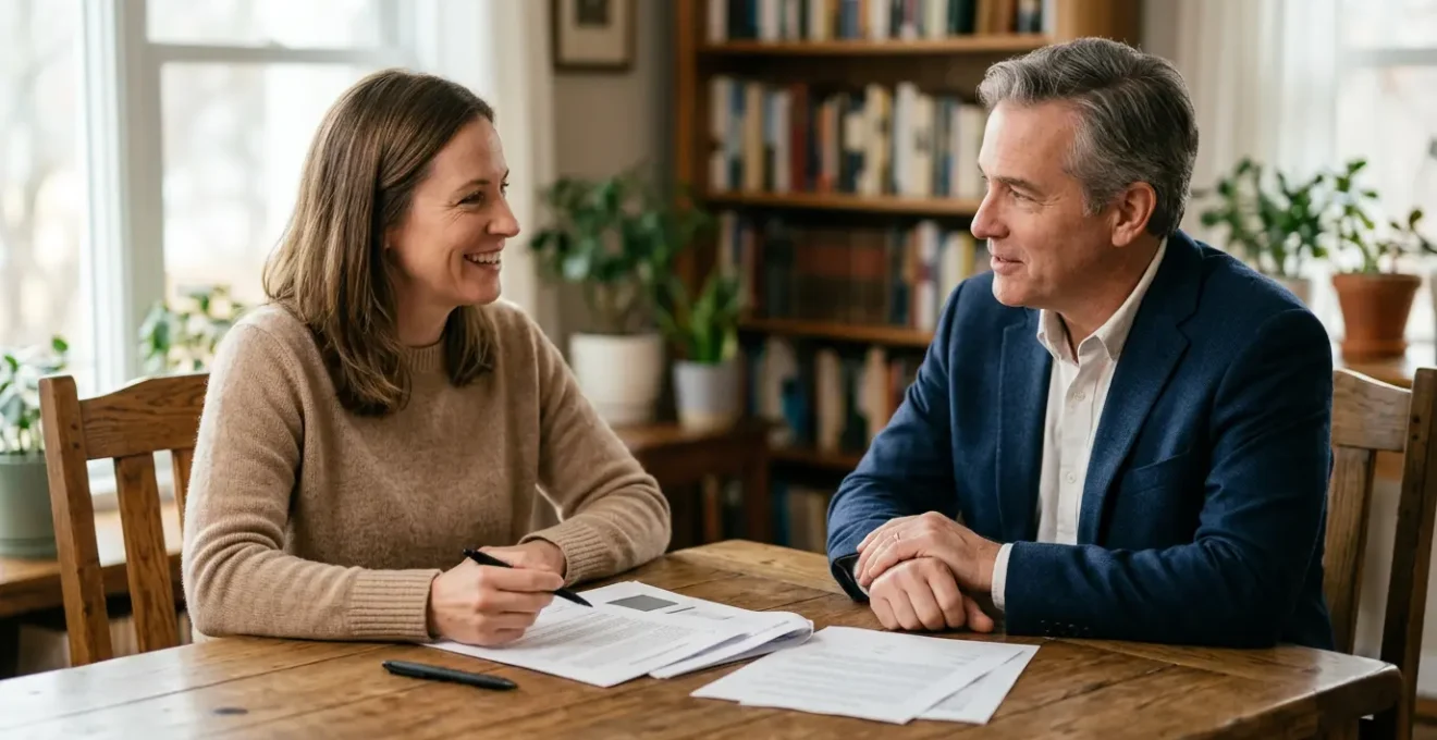 Négociation amiable entre deux personnes dans un contexte résidentiel illustrant la résolution de conflit sans frais juridiques excessifs