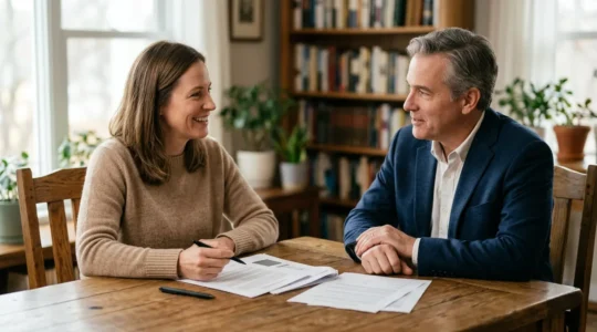 Négociation amiable entre deux personnes dans un contexte résidentiel illustrant la résolution de conflit sans frais juridiques excessifs