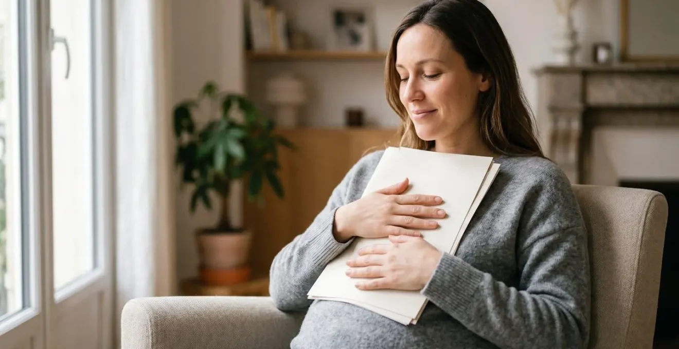 Femme enceinte tenant des documents de prise en charge médicale