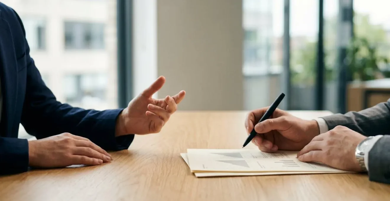 Scène de négociation professionnelle entre un conseiller et un client dans un bureau lumineux