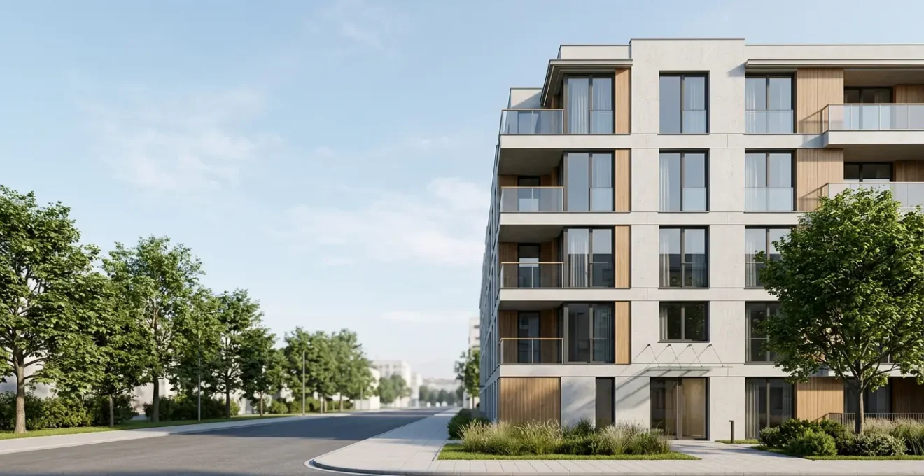 Vue architecturale d'un immeuble résidentiel avec détails de façade et parties communes