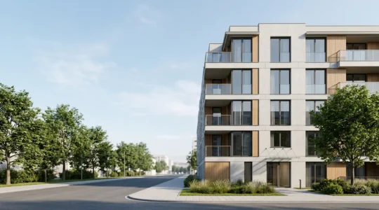 Vue architecturale d'un immeuble résidentiel avec détails de façade et parties communes