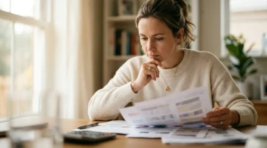 Une personne analysant attentivement des documents d'assurance avec une loupe pour repérer les frais cachés