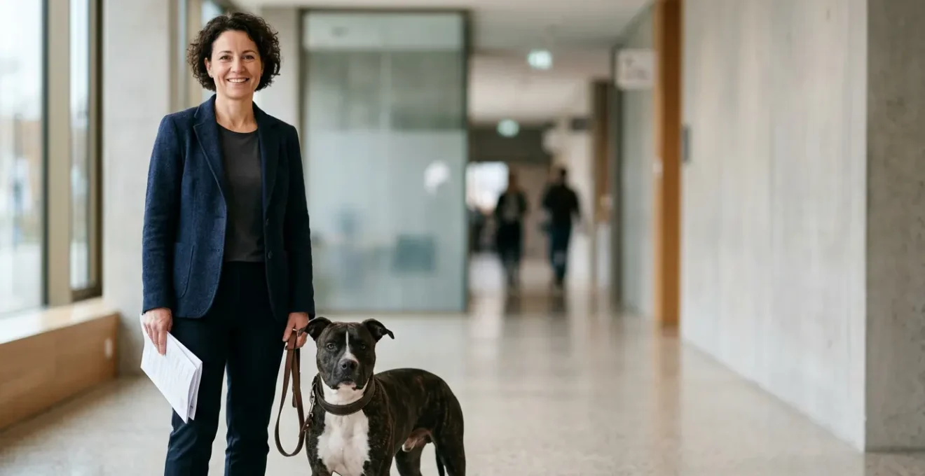 Propriétaire responsable avec chien de race Rottweiler lors d'une démarche administrative officielle