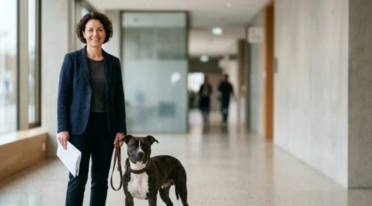 Propriétaire responsable avec chien de race Rottweiler lors d'une démarche administrative officielle