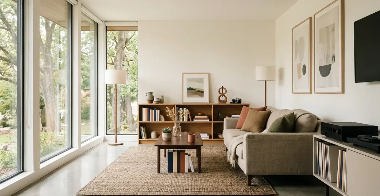 Intérieur de maison moderne avec meubles et objets personnels illustrant le concept de patrimoine mobilier à assurer