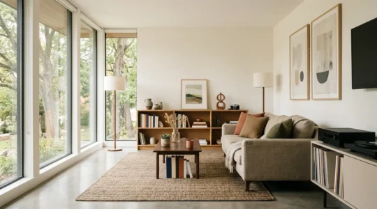 Intérieur de maison moderne avec meubles et objets personnels illustrant le concept de patrimoine mobilier à assurer