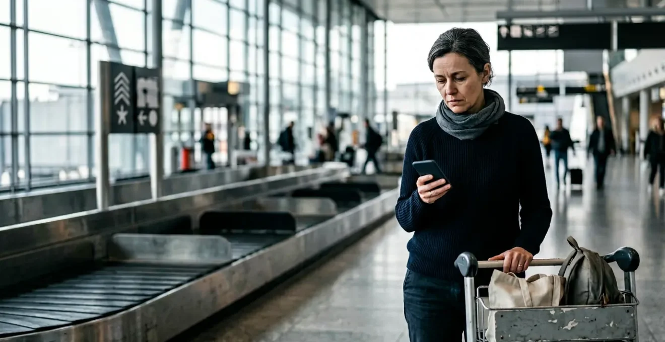 Passager à l'aéroport consultant son téléphone devant un tapis à bagages vide, symbolisant la perte de valise en voyage