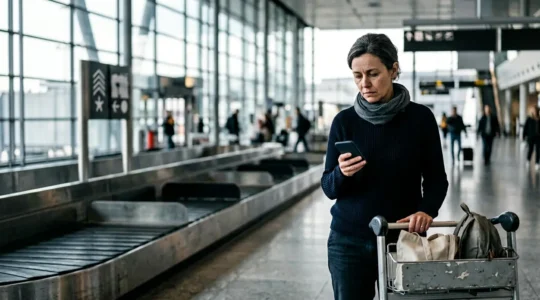 Passager à l'aéroport consultant son téléphone devant un tapis à bagages vide, symbolisant la perte de valise en voyage