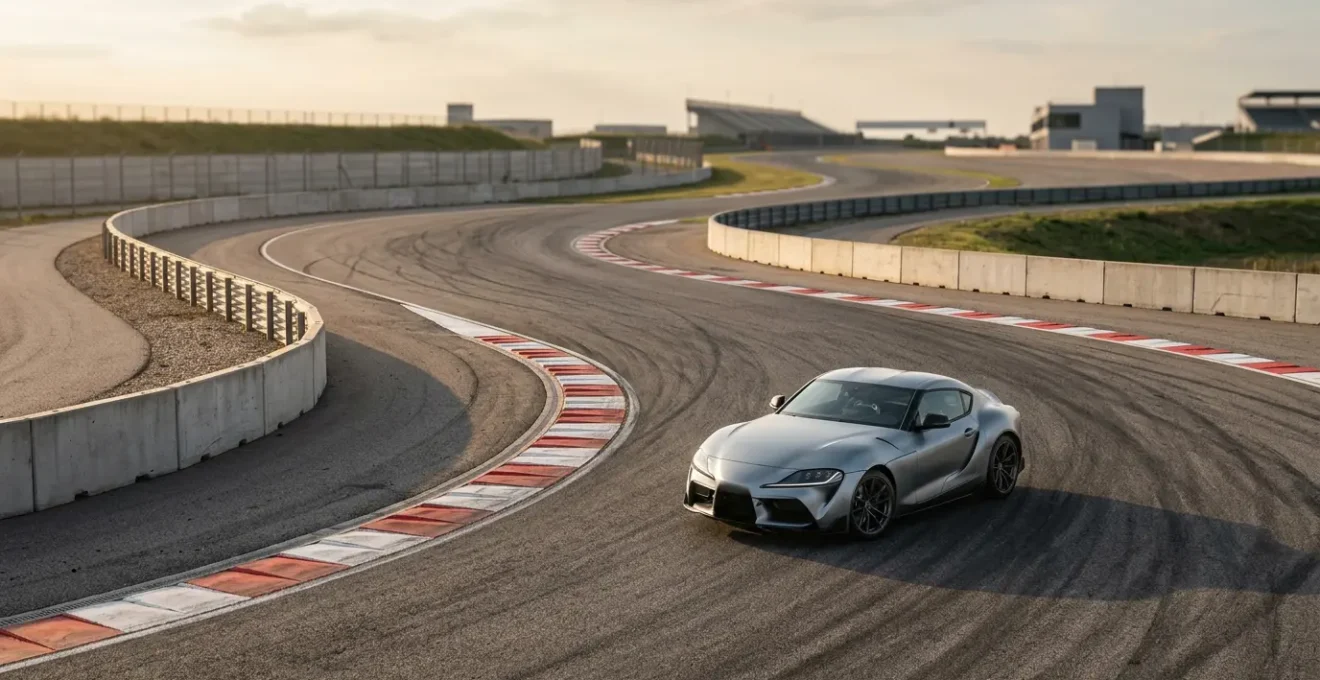 Voiture sportive sur circuit automobile à l'approche d'un virage, illustrant la question de la couverture d'assurance lors de journées de roulage sur piste