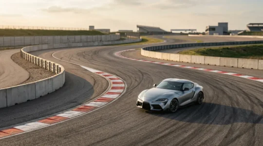 Voiture sportive sur circuit automobile à l'approche d'un virage, illustrant la question de la couverture d'assurance lors de journées de roulage sur piste
