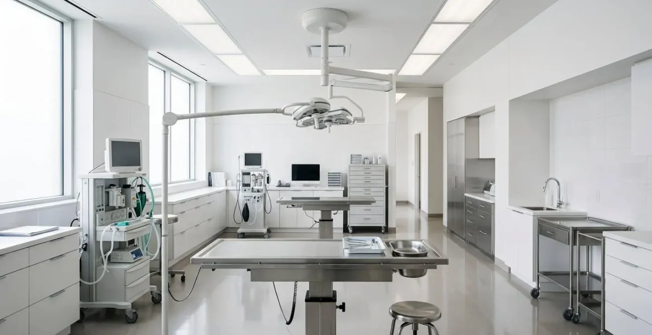 Vue d'une salle de préparation vétérinaire avec équipements médicaux suggérant la complexité des interventions chirurgicales