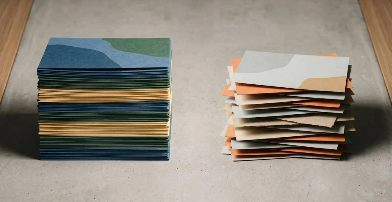 Composition abstraite avec deux piles de documents côte à côte symbolisant la différence de garanties entre un contrat standard et un contrat pour profil à risque.