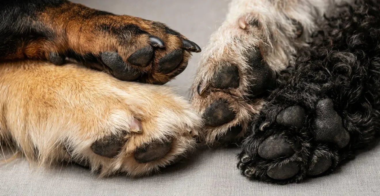 Gros plan sur les pattes et pelages de différents chiens illustrant la diversité génétique entre races pures et croisées