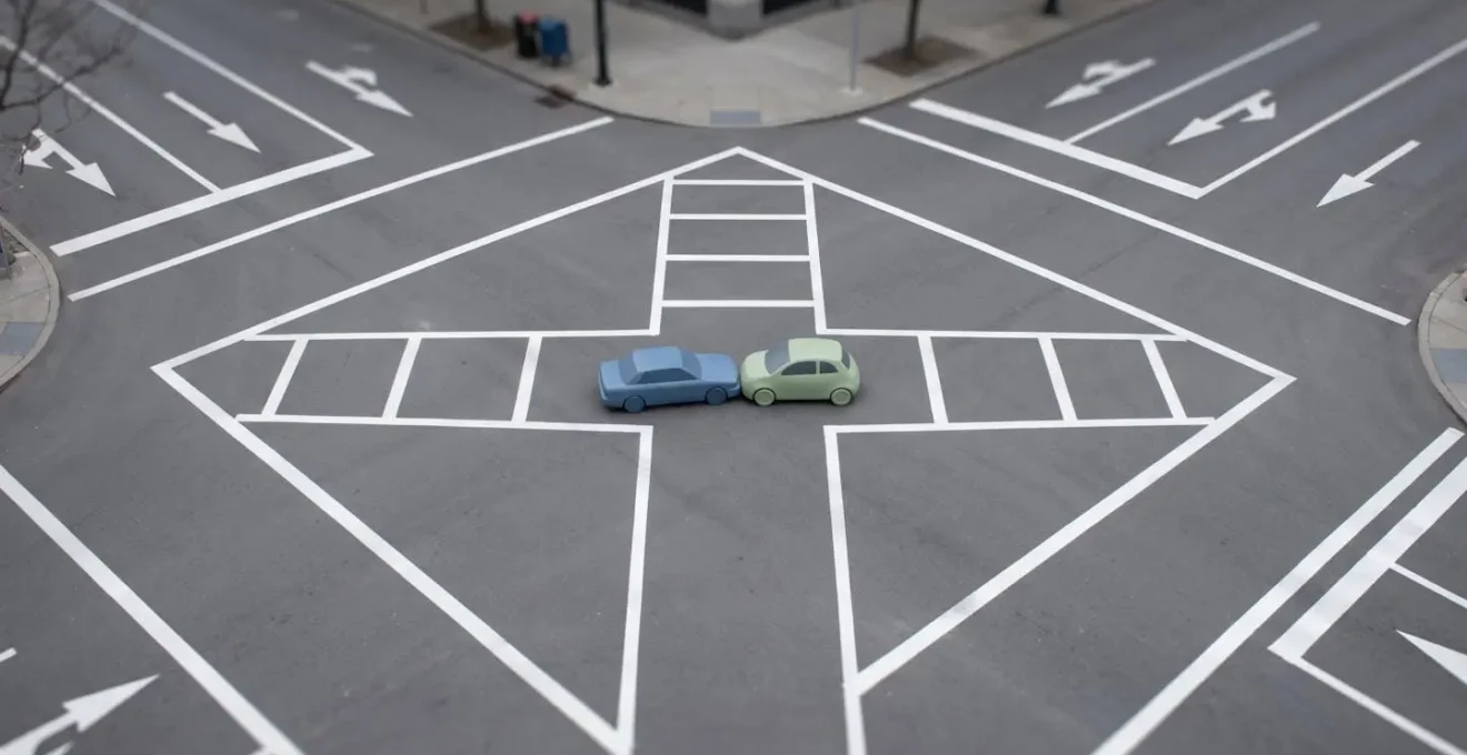Vue en plongée d'une scène d'accident minimaliste avec éléments de signalisation routière