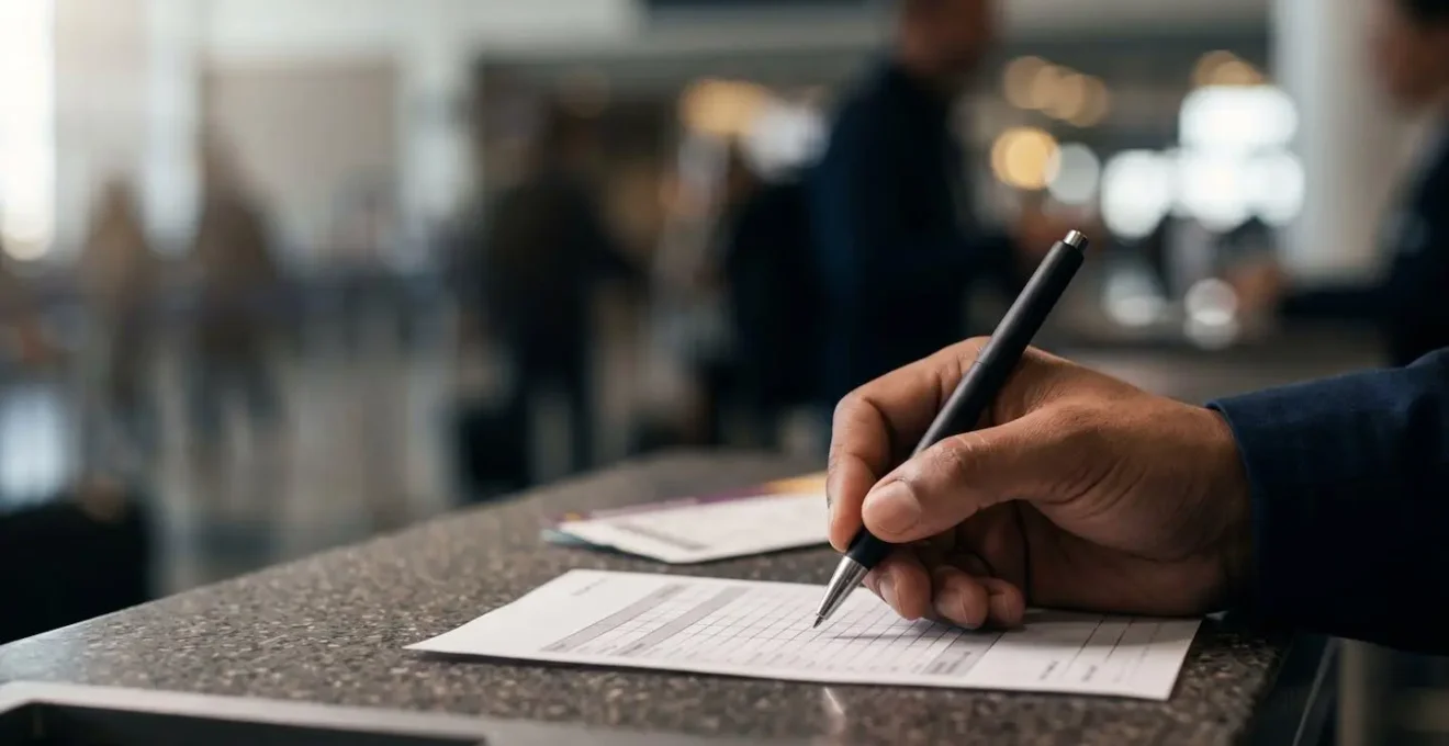 Main de voyageur remplissant un formulaire de déclaration d'intérêt au comptoir d'enregistrement avant l'embarquement