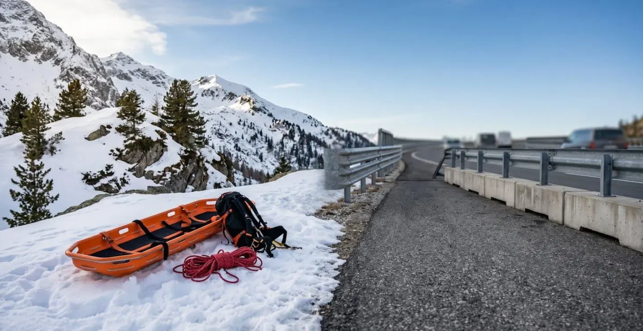Scène contrastant deux environnements de secours : montagne enneigée et route publique