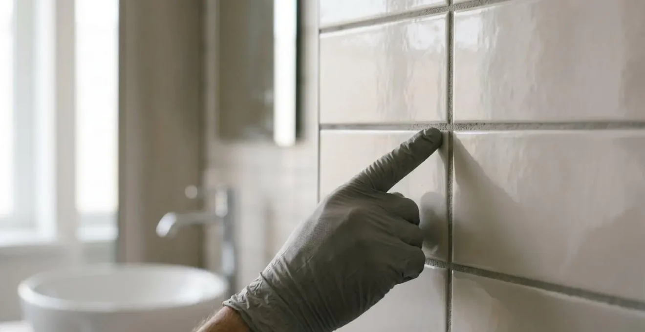 Photographie en plan rapproché d'une main gantée inspectant méticuleusement des joints de carrelage dans une salle de bain contemporaine